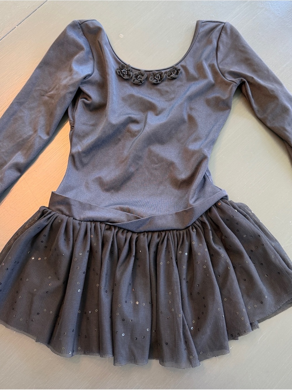 Capezio Girls Black Long-Sleeve Ballet Tutu Dress Rosette Collar and Sequin SZ M